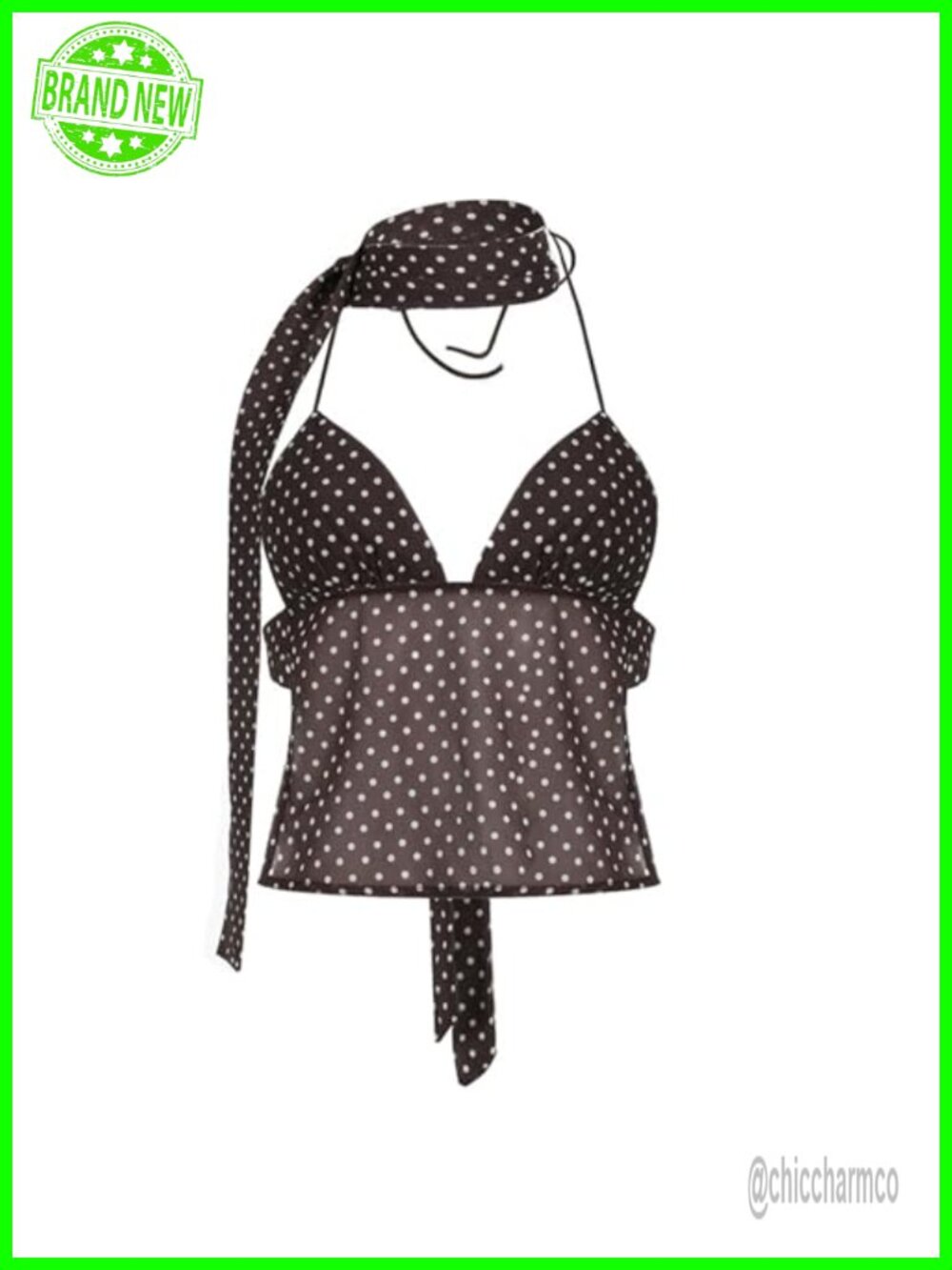 Women Polka Dot Mesh Deep V Neck Halter Cami Crop Top with Scarf